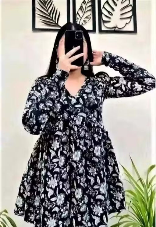 Women’s Stylish Navy Blue Floral Rayon Kurti | Comfortable Daily Wear Long Top | Elegant Printed Tunic for Office, Casual & Festive Look