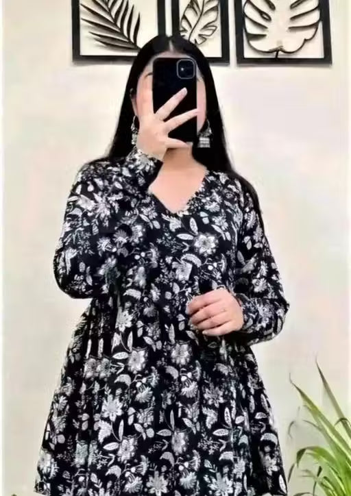 Women’s Stylish Navy Blue Floral Rayon Kurti | Comfortable Daily Wear Long Top | Elegant Printed Tunic for Office, Casual & Festive Look