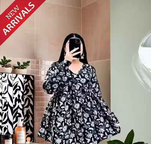 Women’s Stylish Navy Blue Floral Rayon Kurti | Comfortable Daily Wear Long Top | Elegant Printed Tunic for Office, Casual & Festive Look