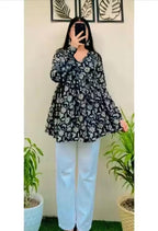Women’s Stylish Navy Blue Floral Rayon Kurti | Comfortable Daily Wear Long Top | Elegant Printed Tunic for Office, Casual & Festive Look